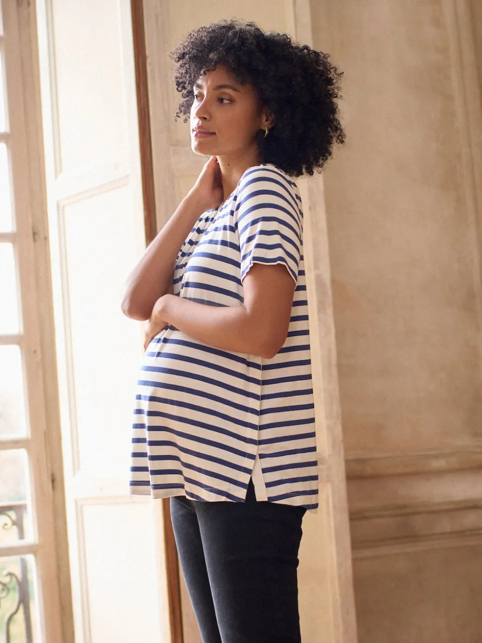Seraphine Navy & White Stripe Maternity & Nursing Short Sleeve T-Shirt