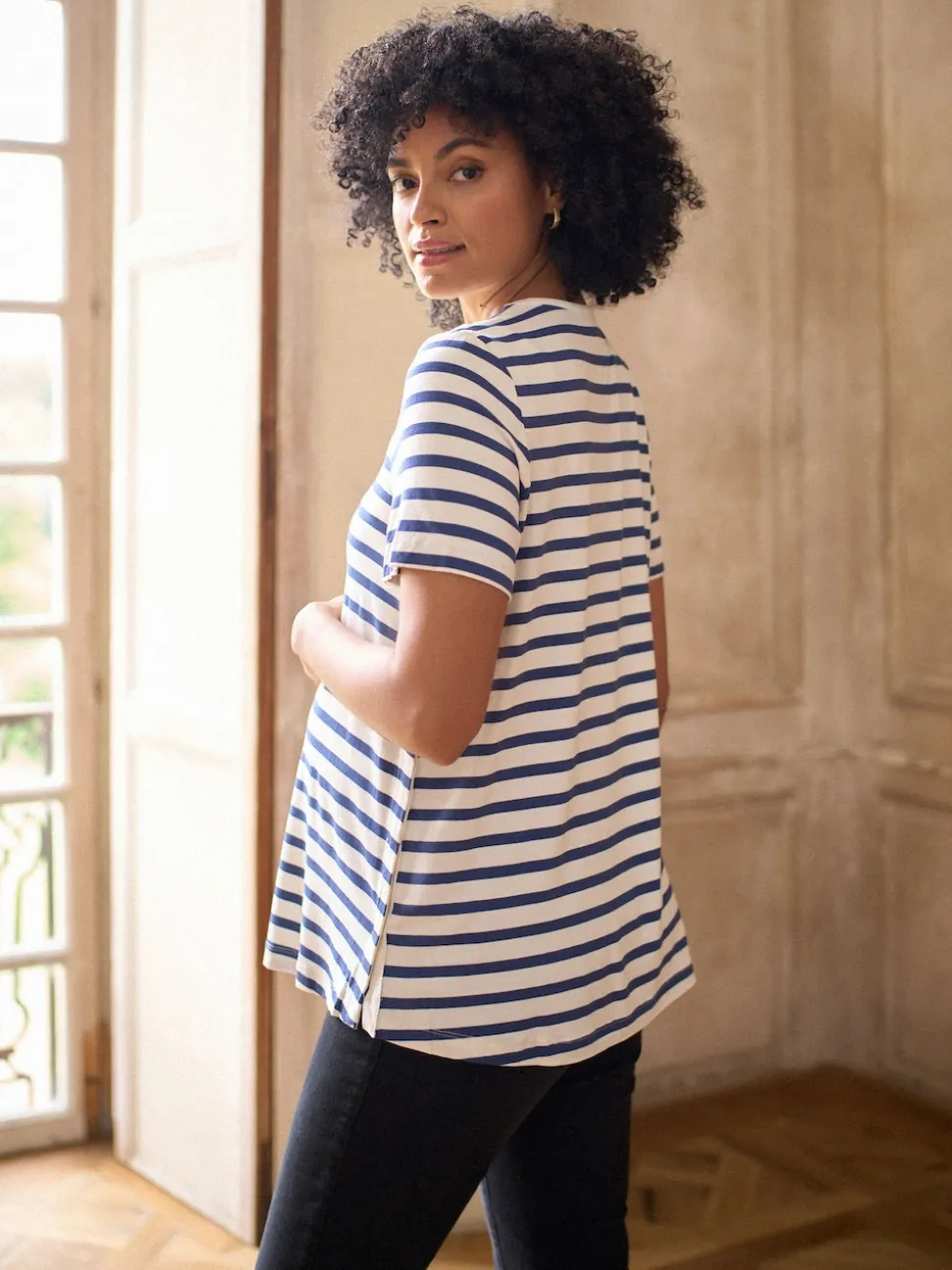Seraphine Navy & White Stripe Maternity & Nursing Short Sleeve T-Shirt