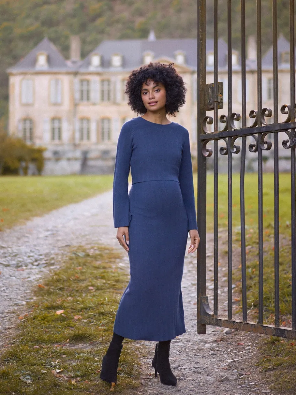 Seraphine Navy Blue Ribbed Knitted Maternity and Nursing Midi Dress
