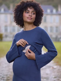 Seraphine Navy Blue Ribbed Knitted Maternity and Nursing Midi Dress