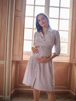 Seraphine Taupe & White Stripe Maternity & Nursing Midi Wrap Shirt Dress