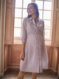 Seraphine Taupe & White Stripe Maternity & Nursing Midi Wrap Shirt Dress