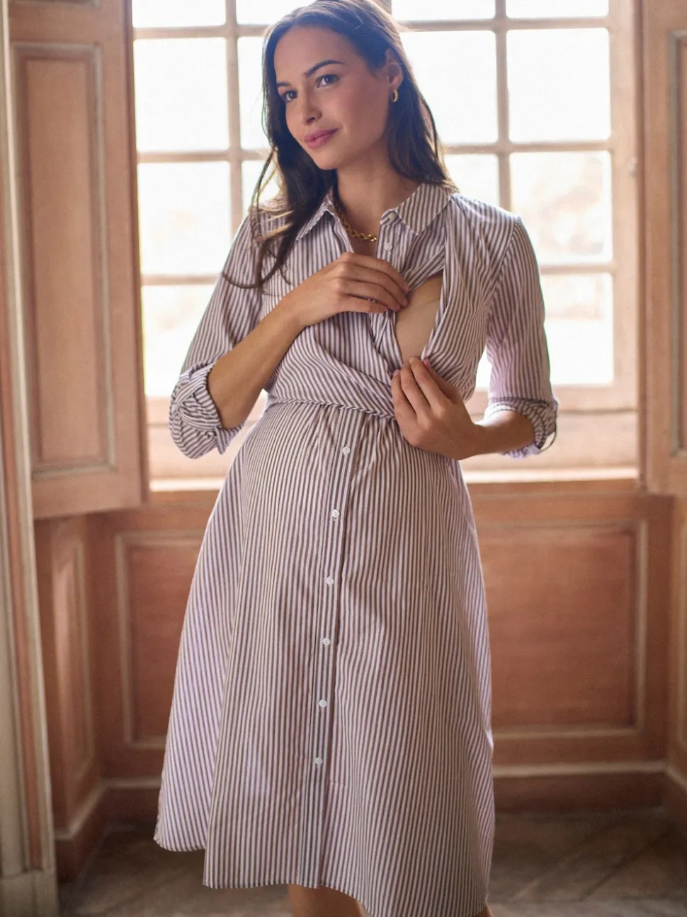 Seraphine Taupe & White Stripe Maternity & Nursing Midi Wrap Shirt Dress