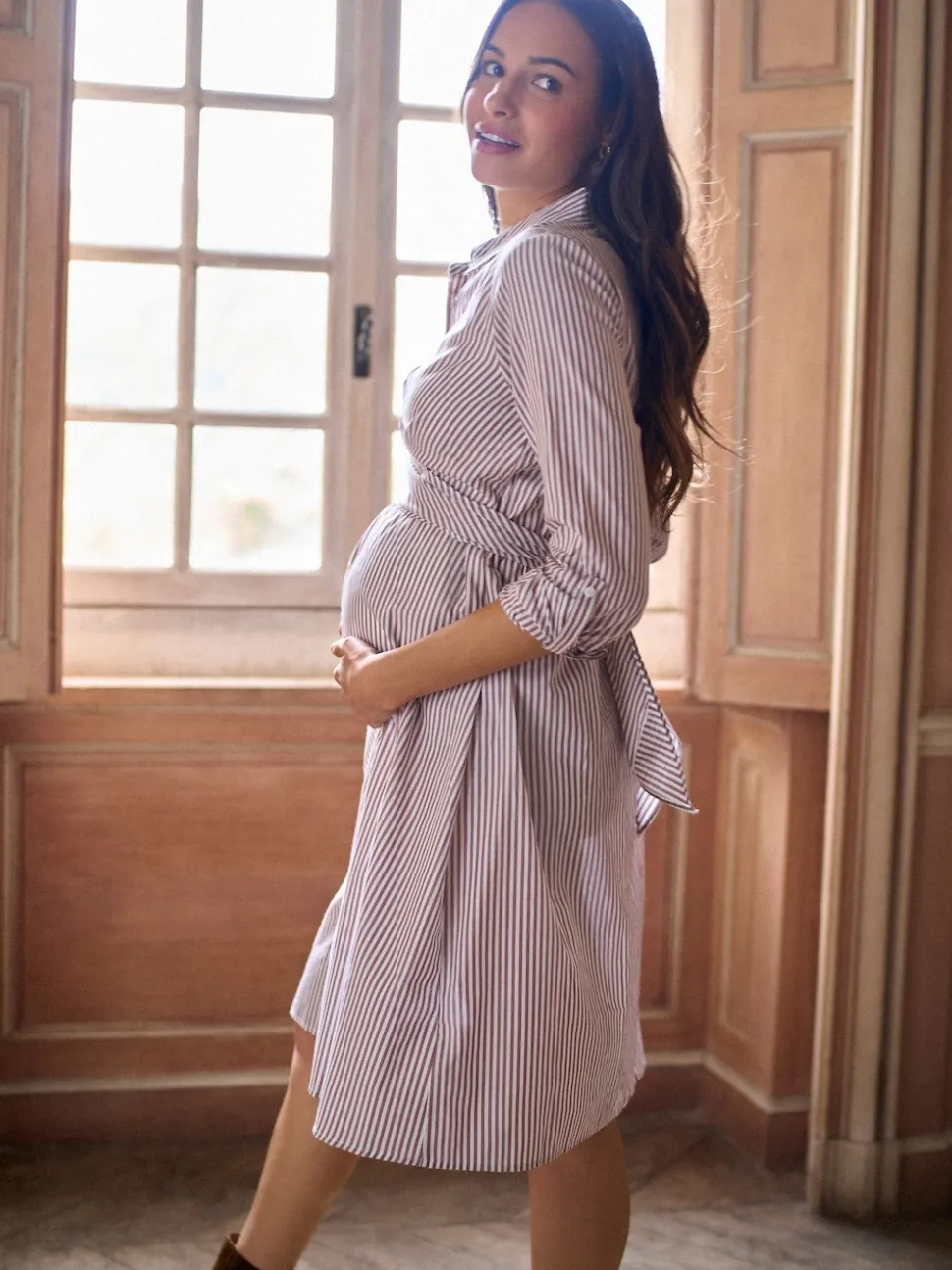 Seraphine Taupe & White Stripe Maternity & Nursing Midi Wrap Shirt Dress