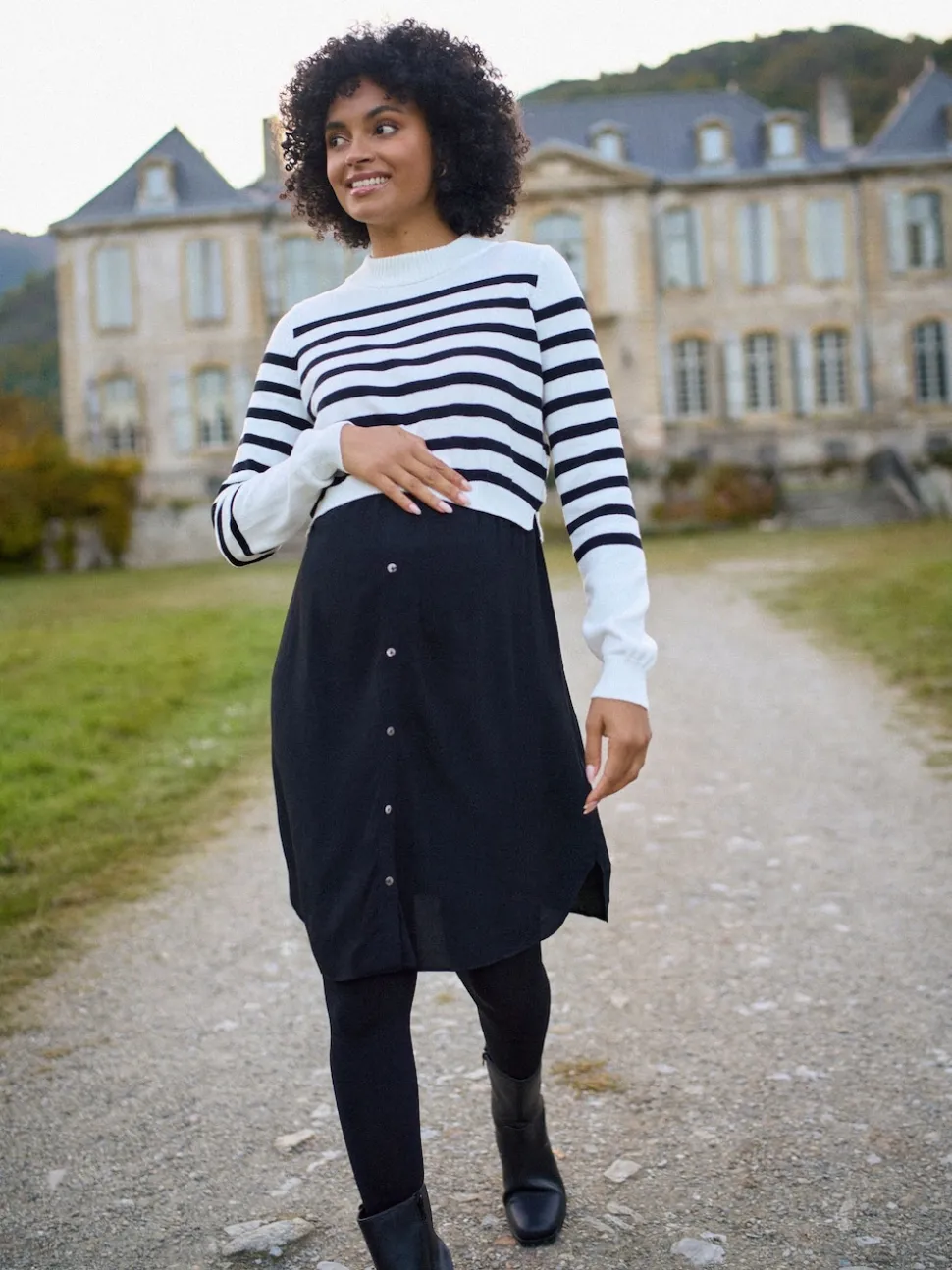Seraphine White & Black Stripe Maternity & Nursing Knit Top Dress