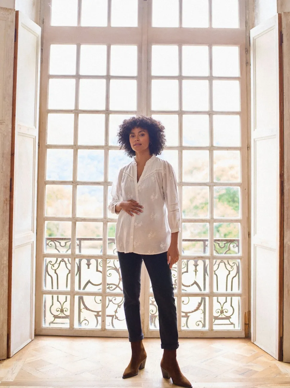 Seraphine White Ivory Maternity & Nursing Cotton Embroidered Blouse
