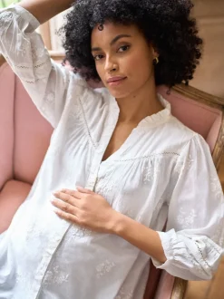 Seraphine White Ivory Maternity & Nursing Cotton Embroidered Blouse