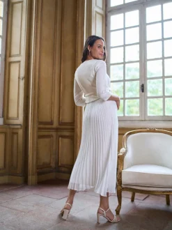 Seraphine White Ivory Occasion Maternity & Nursing Bridal Dress With Tweed Bodice & Floaty Pleated Skirt