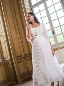Seraphine White Ivory Occasion Maternity & Nursing Bridal Dress With Tweed Bodice & Floaty Pleated Skirt