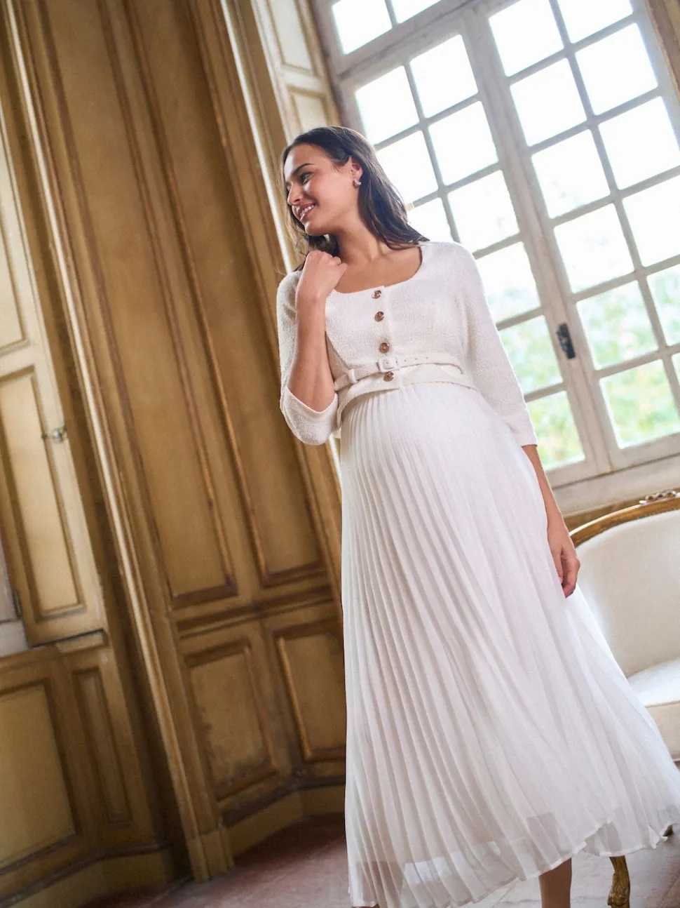 Seraphine White Ivory Occasion Maternity & Nursing Bridal Dress With Tweed Bodice & Floaty Pleated Skirt
