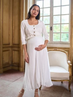 Seraphine White Ivory Occasion Maternity & Nursing Bridal Dress With Tweed Bodice & Floaty Pleated Skirt