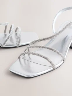 Silver Forever Comfort Square Toe Jewelled Strappy Block Heeled Sandals