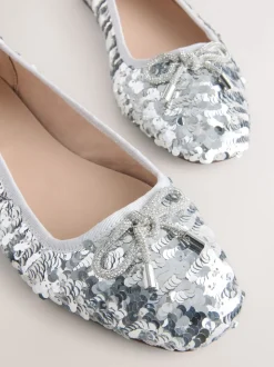 Silver Sequin Standard/Wide Fit Round Toe Ballerina Shoes