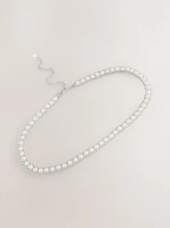 Silver Tone Pearl Bead Chain Belt