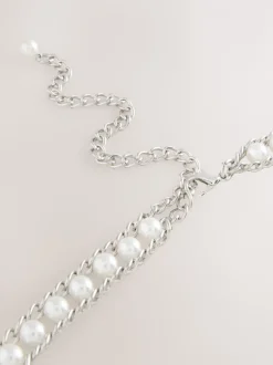 Silver Tone Pearl Bead Chain Belt
