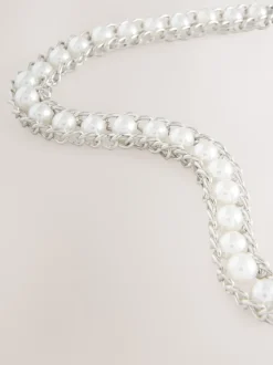 Silver Tone Pearl Bead Chain Belt