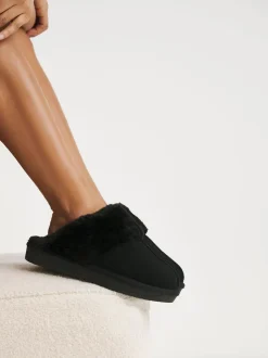 Simply Be Black Extra Wide Fit Faux Fur Lined Suede Mule Slippers