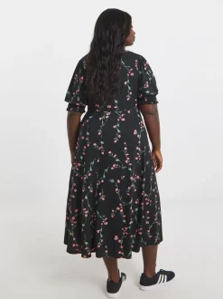 Simply Be Black Floral Print Supersoft V-Neck Midi Dress