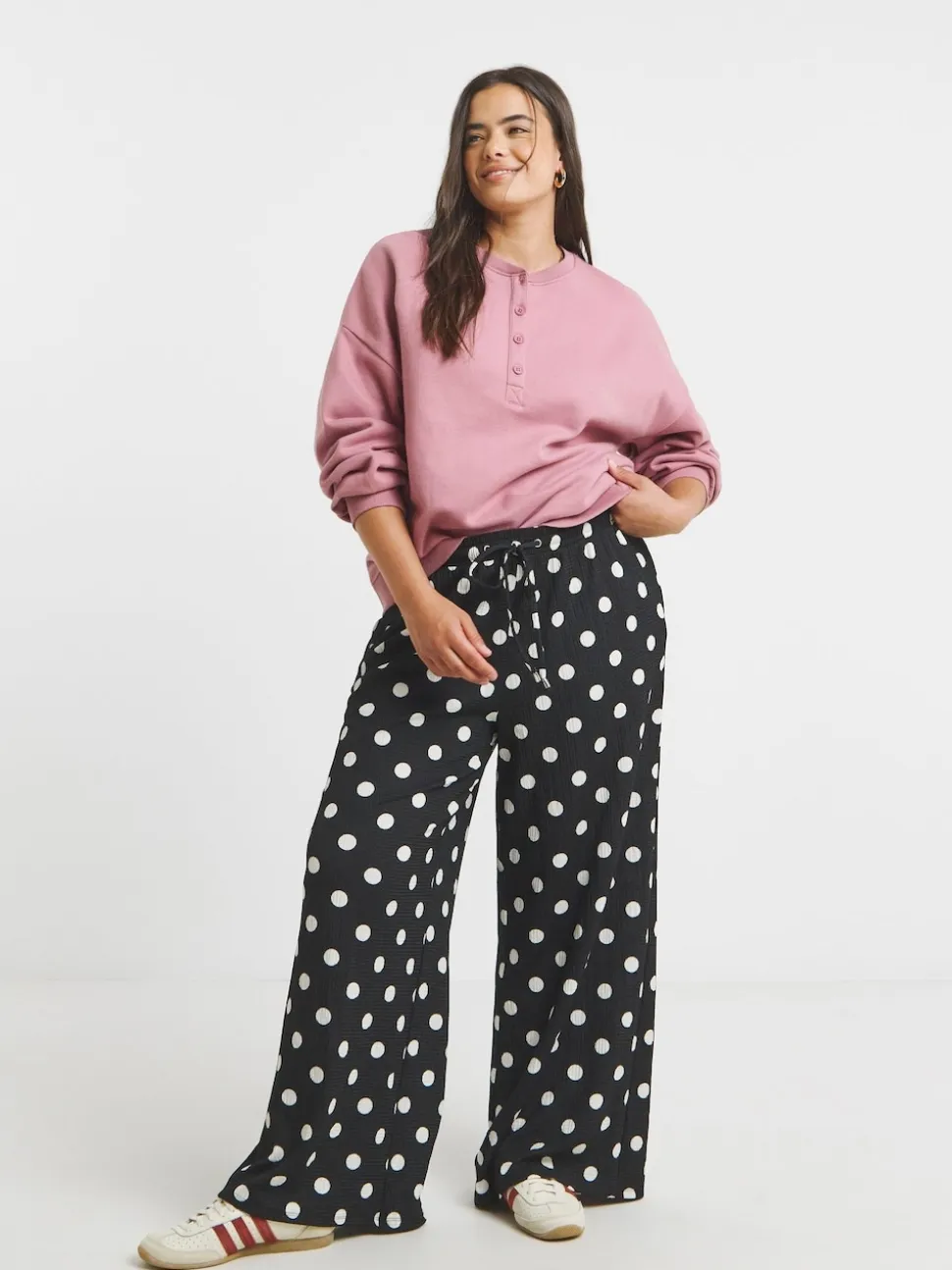 Simply Be Black Polka Dot Textured Jersey Drawstring Wide Leg Trousers