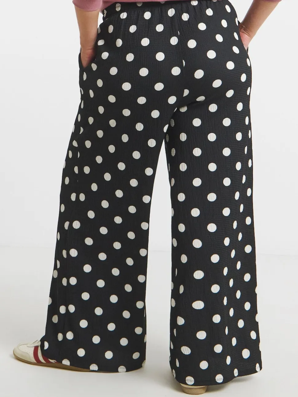 Simply Be Black Polka Dot Textured Jersey Drawstring Wide Leg Trousers