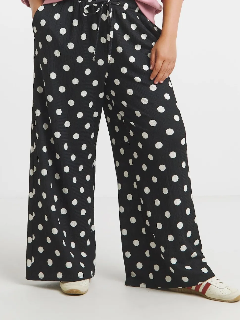 Simply Be Black Polka Dot Textured Jersey Drawstring Wide Leg Trousers