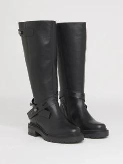 Simply Be Black PU Wide Fit Casual Knee High Boots With Wrap Detail
