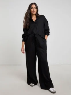 Simply Be Black Tie Waist Wide Leg Linen Mix Trousers