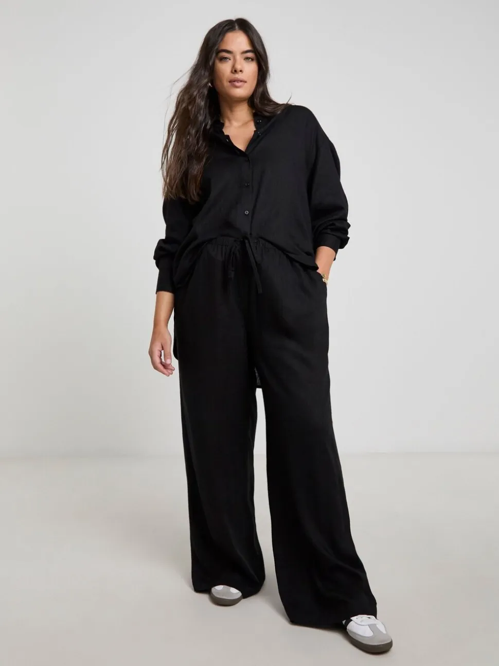Simply Be Black Tie Waist Wide Leg Linen Mix Trousers