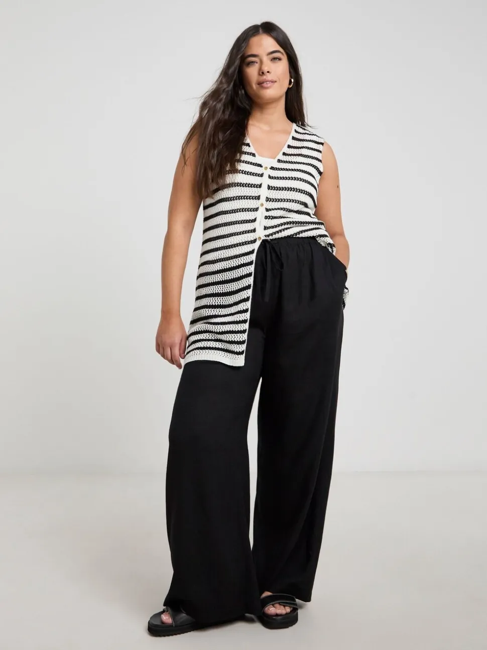 Simply Be Black Tie Waist Wide Leg Linen Mix Trousers