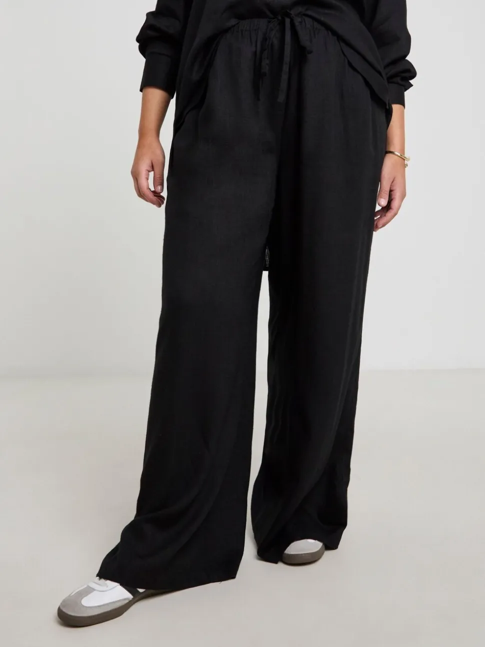 Simply Be Black Tie Waist Wide Leg Linen Mix Trousers