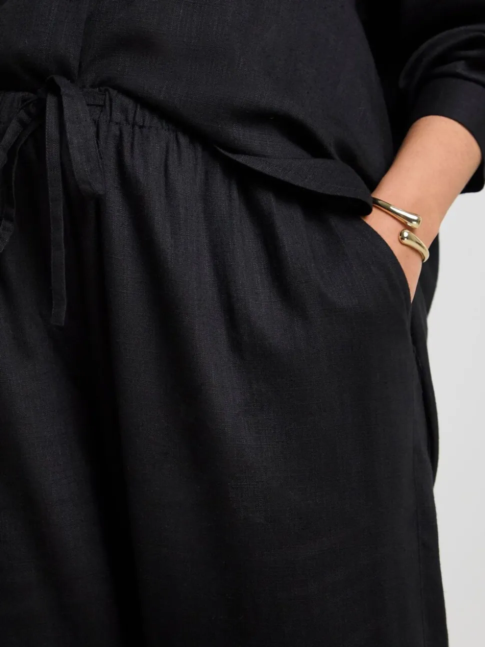 Simply Be Black Tie Waist Wide Leg Linen Mix Trousers
