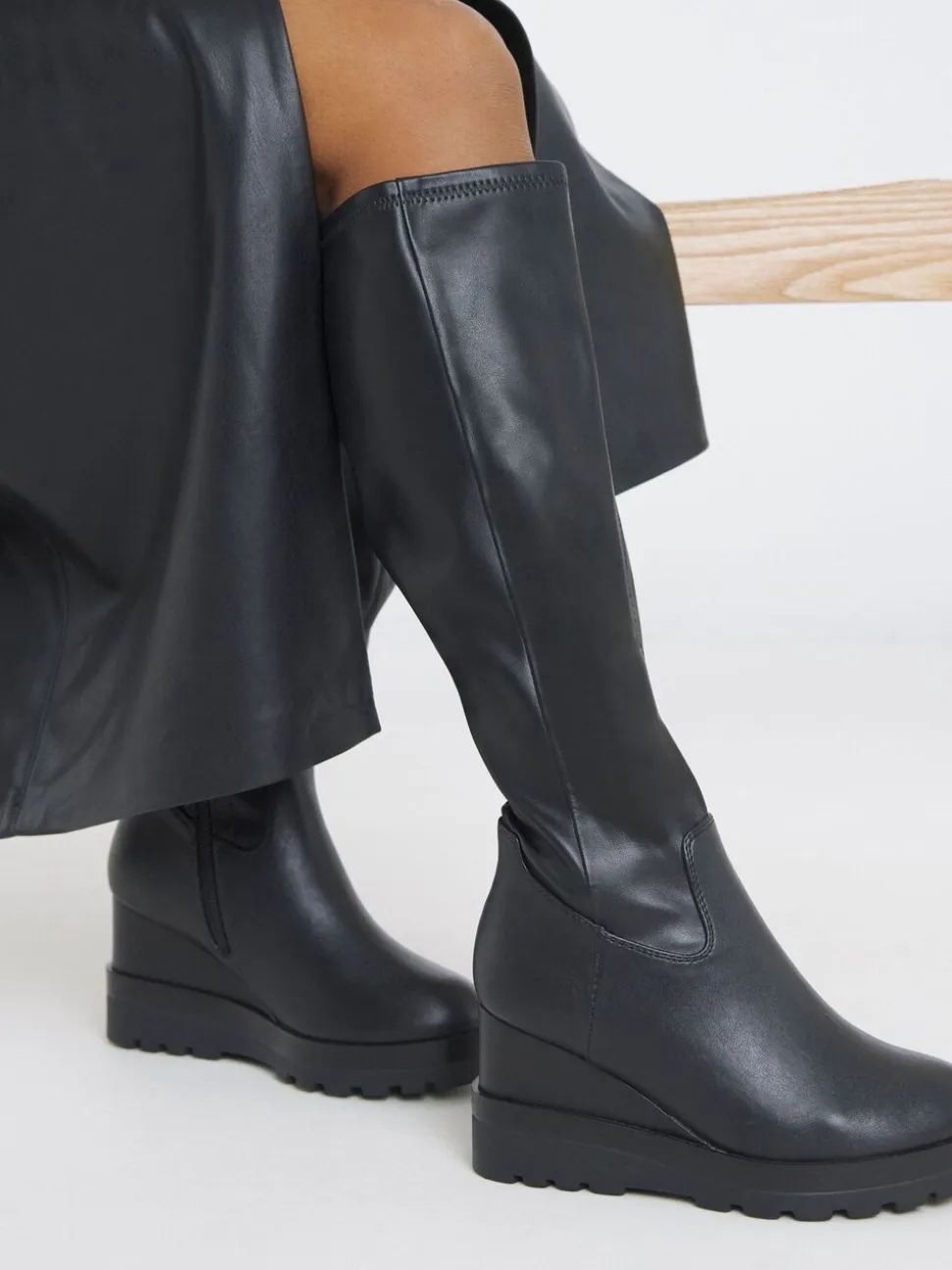Simply Be Black Wide Fit Stretch Wedge Knee High Boots