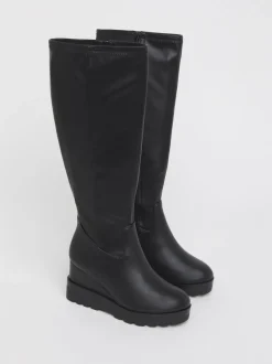 Simply Be Black Wide Fit Stretch Wedge Knee High Boots