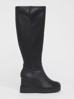 Simply Be Black Wide Fit Stretch Wedge Knee High Boots
