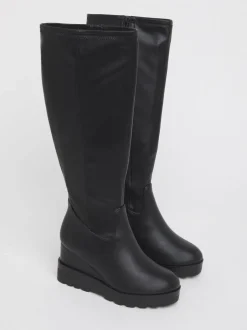 Simply Be Black Wide Fit Stretch Wedge Knee High Boots