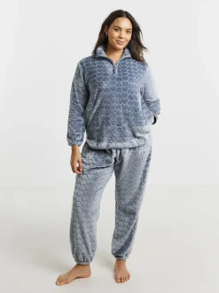 Simply Be Blue Pretty Secrets Heart Print Quarter Zip Fleece Twosie Pyjama Set