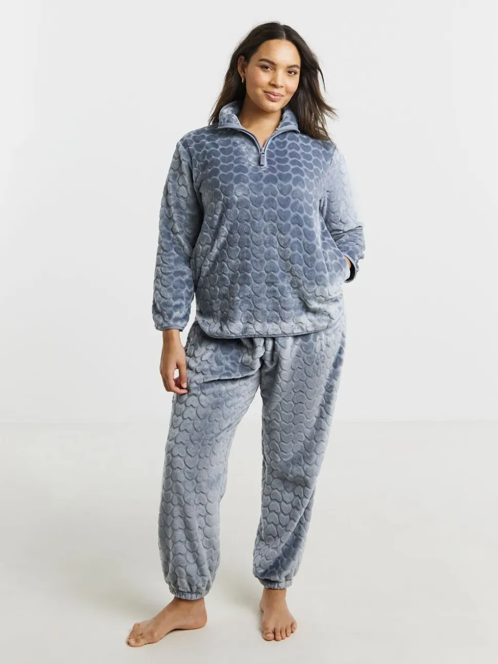 Simply Be Blue Pretty Secrets Heart Print Quarter Zip Fleece Twosie Pyjama Set
