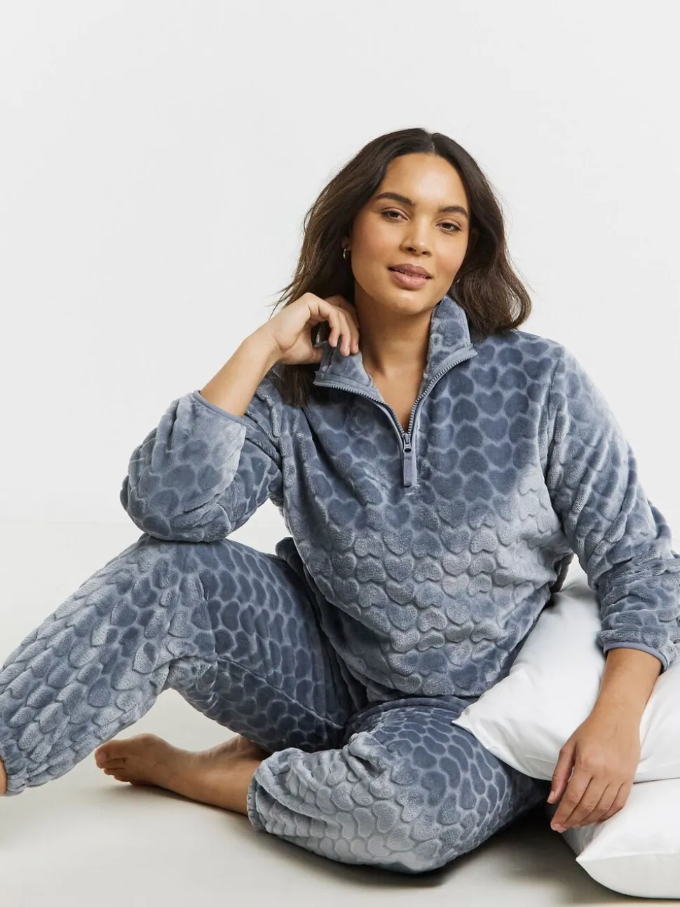 Simply Be Blue Pretty Secrets Heart Print Quarter Zip Fleece Twosie Pyjama Set