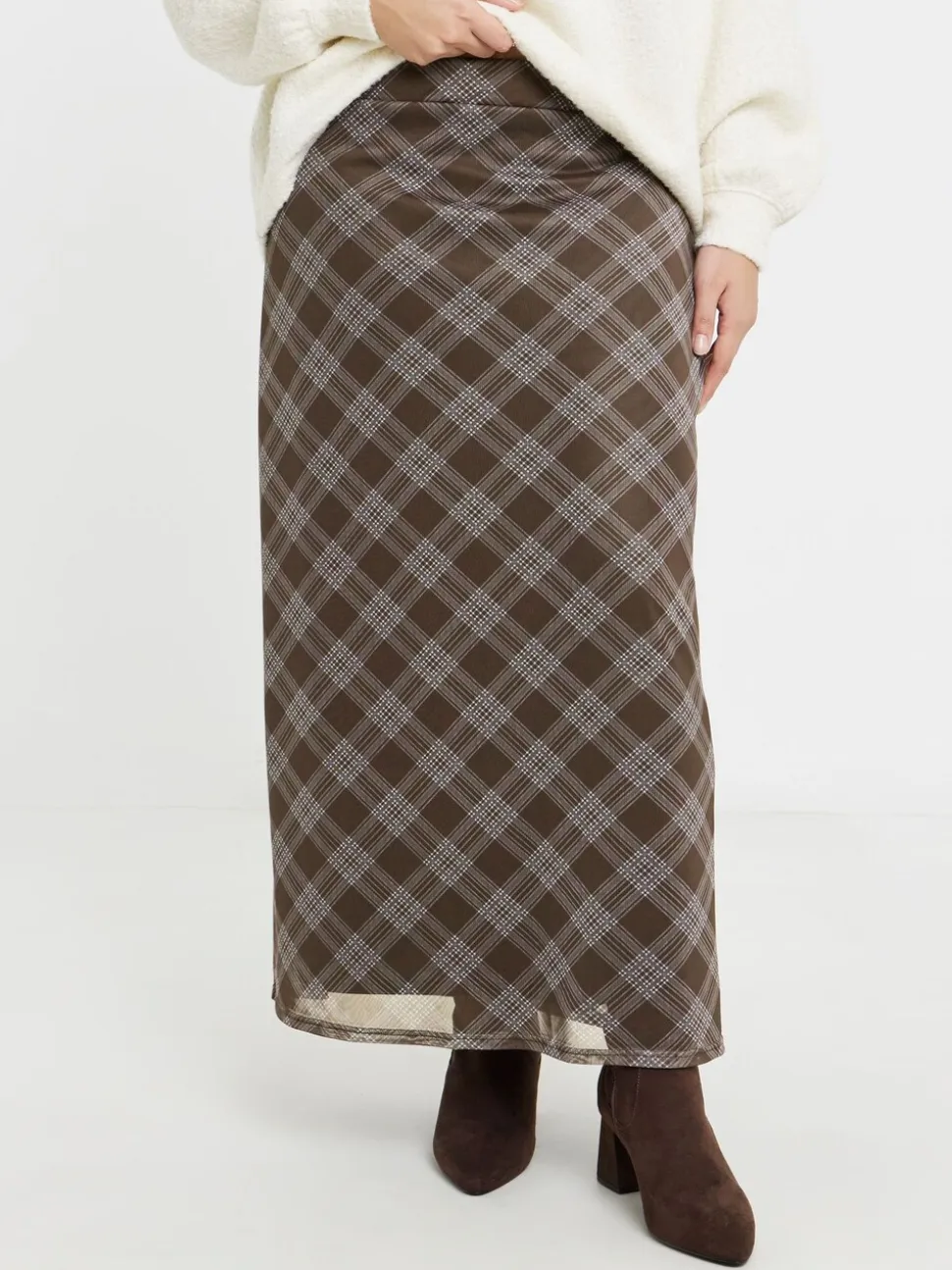 Simply Be Brown Check Print Mesh Midaxi Skirt