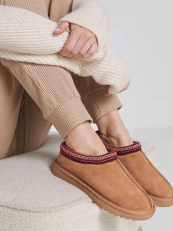 Simply Be Brown Wide Fit Wide Fit Embriodery Full Mules Brown Slippers