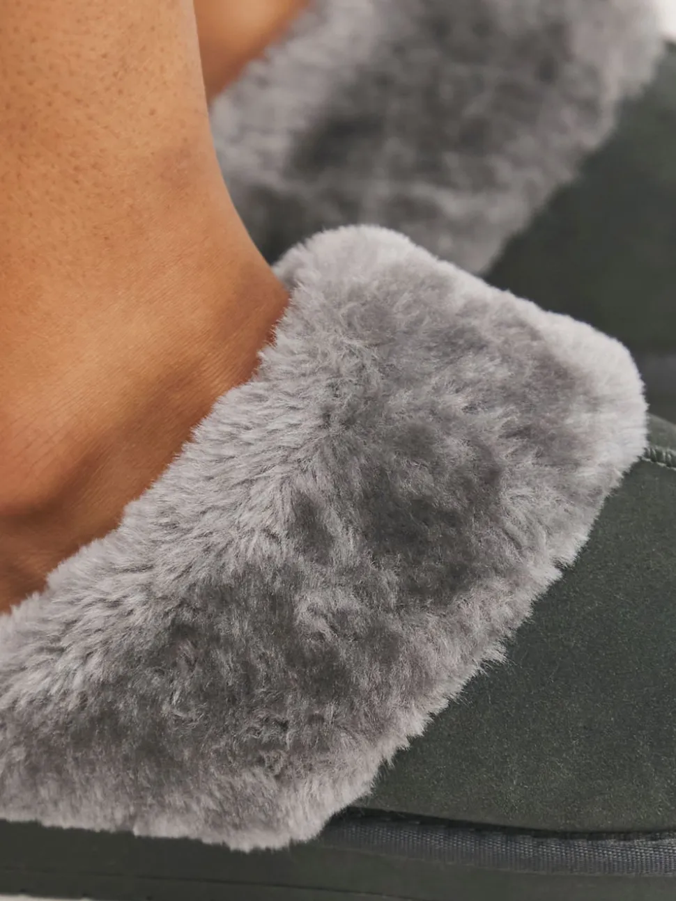 Simply Be Dark Grey Standard Fit Faux Fur Lined Suede Mule Slippers