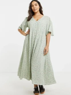 Simply Be Green Ditsy Print Button Up Midi Dress