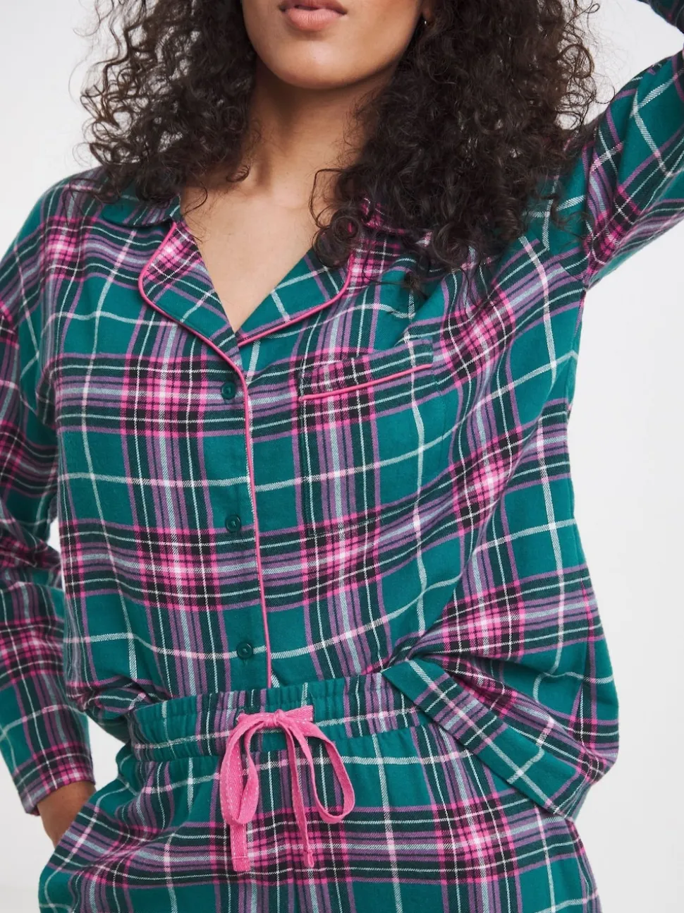 Simply Be Green Pretty Secrets Lurex Check Button Through Pyjamas Set