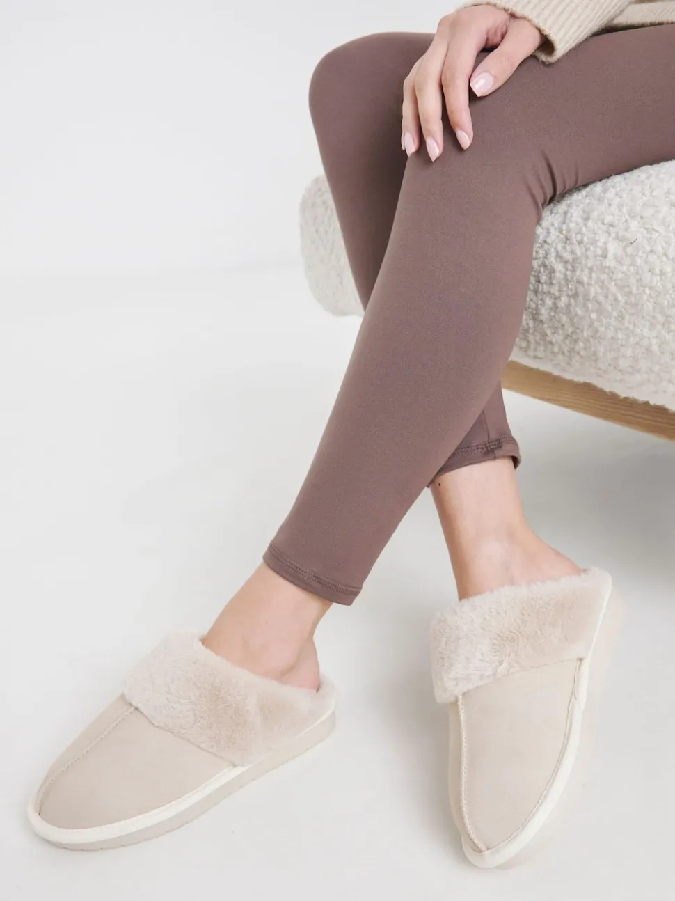 Simply Be Natural Standard Fit Faux Fur Lined Suede Mule Slippers