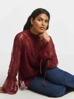 Simply Be Red Eyelash Lace Top With Sleeve Detail
