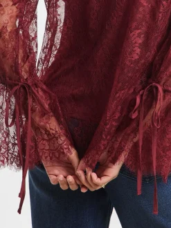 Simply Be Red Eyelash Lace Top With Sleeve Detail