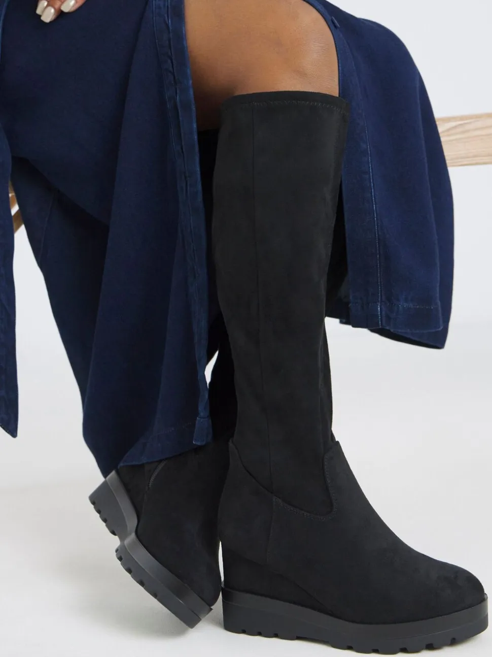 Simply Be Soft Black Wide Fit Stretch Wedge Knee High Boots