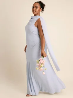 Six Stories Blue High Cowl Neck Drape Crepe Bridesmaid Dress