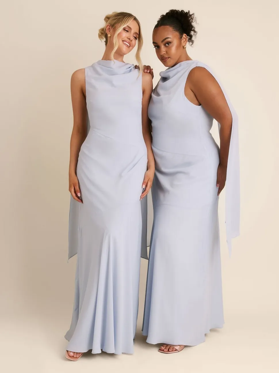 Six Stories Blue High Cowl Neck Drape Crepe Bridesmaid Dress