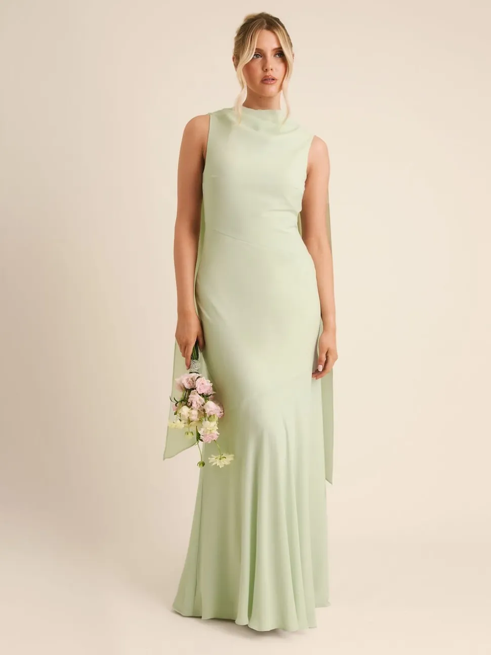 Six Stories Green High Cowl Neck Drape Crepe Bridesmaid Dress